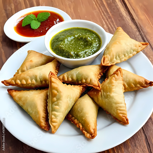 Crispy Samosas with Green Mint Chutney on a Plate  