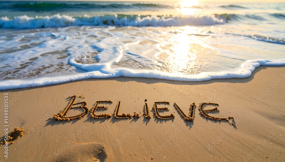 Fototapeta premium Sunrise beach scene with the word