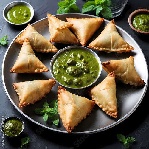 Crispy Samosas with Green Mint Chutney on a Plate  