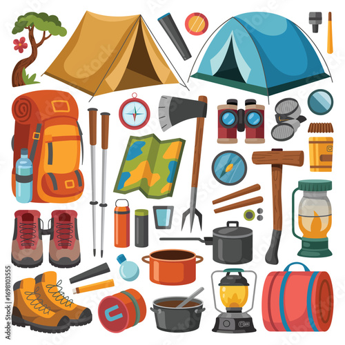 Collection of camping and hiking gear and accessories Keywords: camping, hiking, gear, equipment