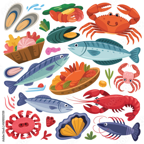 Collection of colorful cartoon seafood and sea creatures Keywords: seafood, fish, crab, lobster