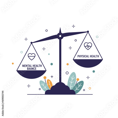 Illustration of a balanced scale representing the equal importance of mental and physical health for overall well-being and harmony