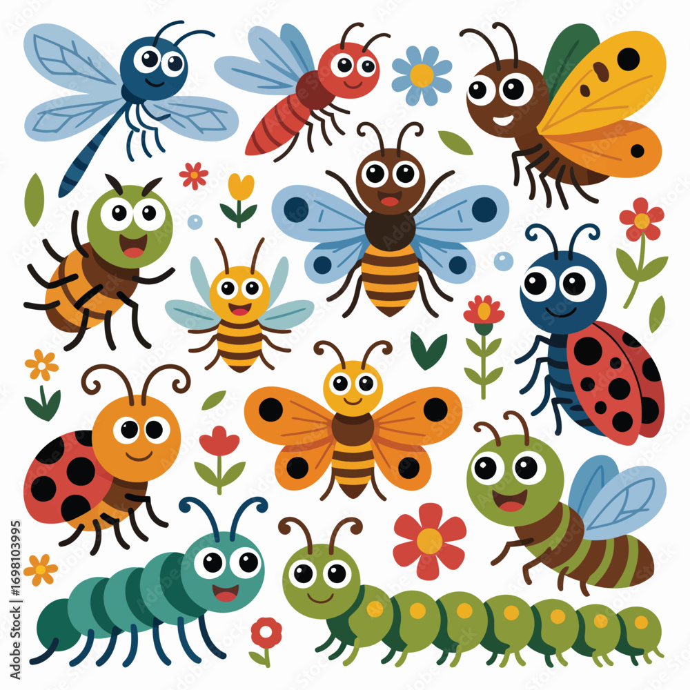 Obraz premium Collection of cute cartoon insects and bugs with flowers and leaves Keywords: insects, bugs