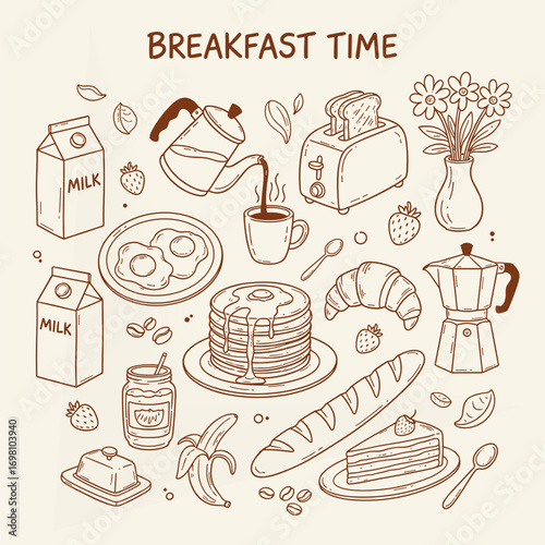 Breakfast food vector set with coffee bread pancakes and croissant illustration