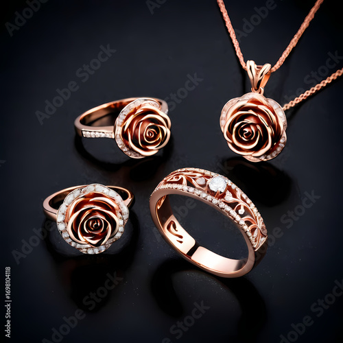 Elegant Rose Gold Ring and Pendant Set on Black Background  