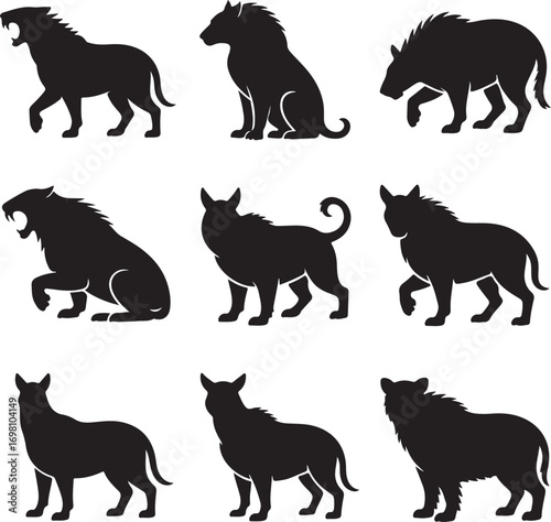 Silhouettes of Various Hyena Poses on White Background animal wildlife