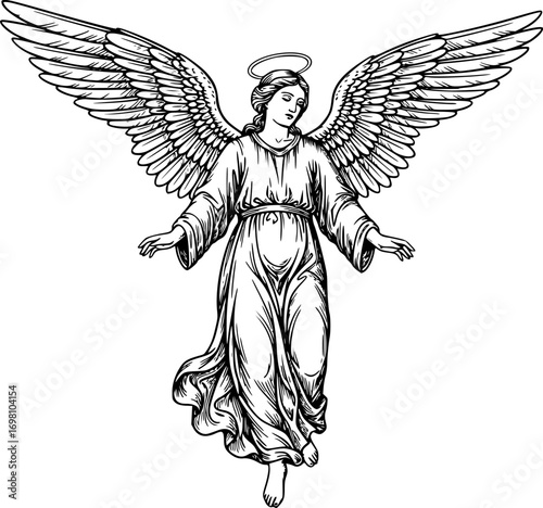 Beautiful Biblical Angel Flying in Sky – Vintage Renaissance Engraving Black and White Outline Vector Illustration
