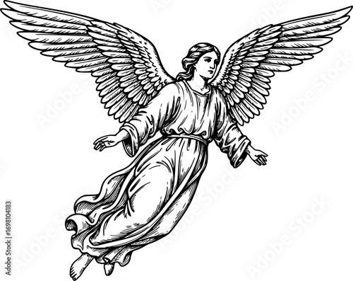 Beautiful Biblical Angel Flying in Sky – Vintage Renaissance Engraving Black and White Outline Vector Illustration