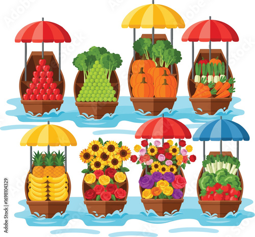 Floating market boats selling fresh produce and colorful flowers on a river in Thailand, creating a vibrant and bustling scene.