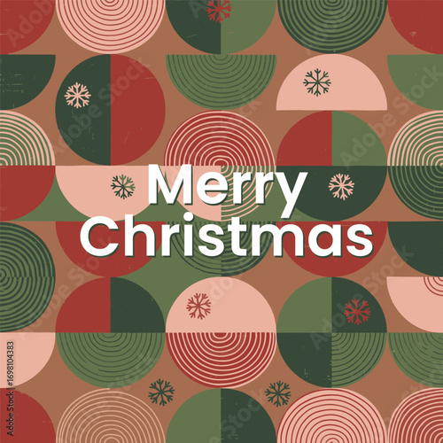 Merry Christmas greeting card with geometric shapes and retro pattern