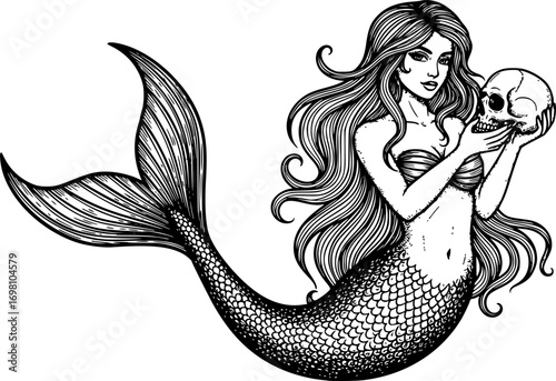 Vintage Mermaid Holding Skull – Retro Engraving Illustration, Black Icon, Gothic Nautical Tattoo Design, Mythical Sea Creature Art