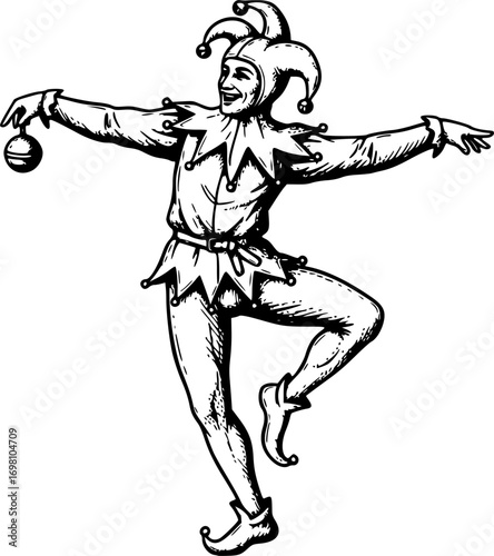 Vintage Engraving of Dancing Medieval Jester – Black and White Woodcut Line Art Emblem and Logo Illustration