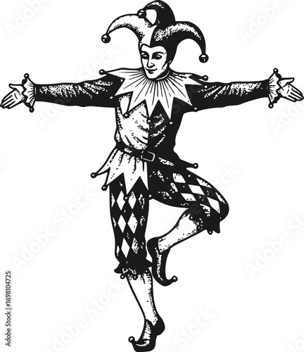 Vintage Engraving of Dancing Medieval Jester – Black and White Woodcut Line Art Emblem and Logo Illustration