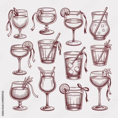 Collection of hand-drawn cocktail glasses with ribbons and garnishes drink beverage