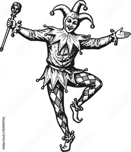 Vintage Engraving of Dancing Medieval Jester – Black and White Woodcut Line Art Emblem and Logo Illustration
