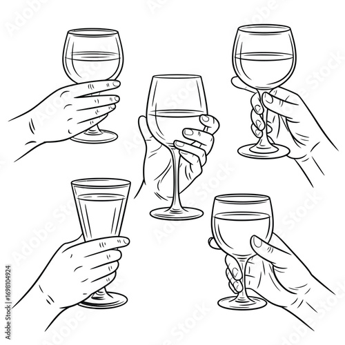 Collection of hands holding different types of wine glasses with liquid drink beverage