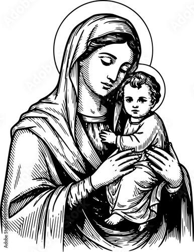 Vintage Engraving of Virgin Mary Holding Baby Jesus – Black and White Religious Icon, Sacred Christian Art, Round Logo Illustration