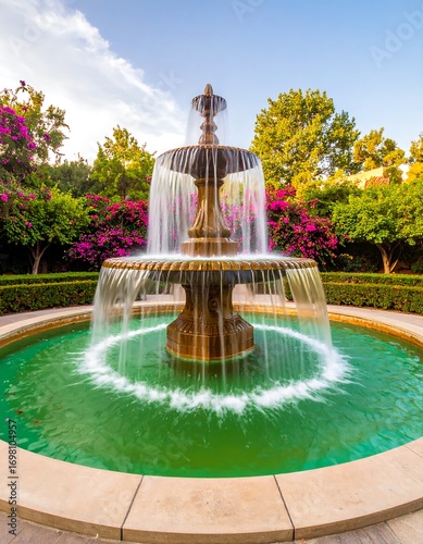 Ornate fountain in a landscaped garden