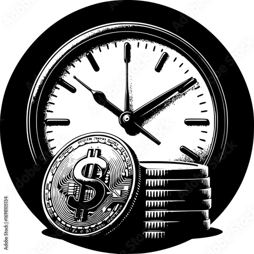 Time is Money: A grayscale illustration featuring a classic clock alongside a stack of dollar coins, embodying the crucial interplay between time and financial resources.