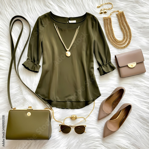 Minimalist Fashion Flatlay Olive Green Top and Taupe Purse with Gold Jewelry  