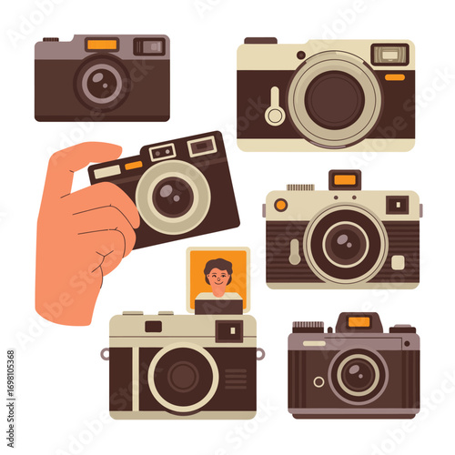 Collection of vintage and retro cameras in flat design style Keywords: camera, vintage, retro