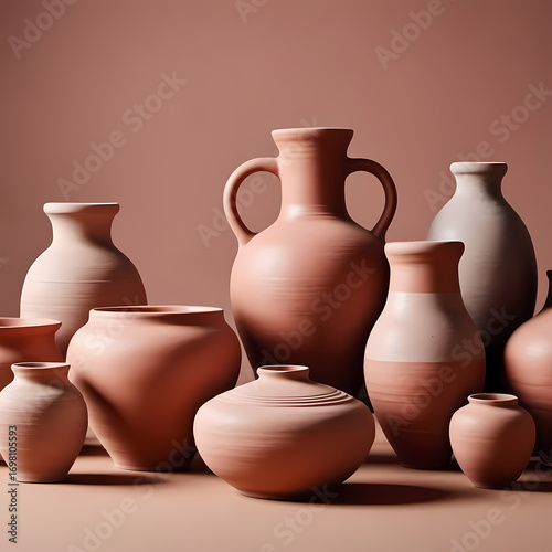 Neutral Clay Pottery Collection on Dusty Rose Background  