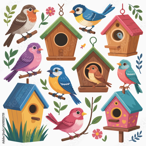 Colorful cartoon birds and birdhouses in a whimsical garden setting Keywords: bird, birds