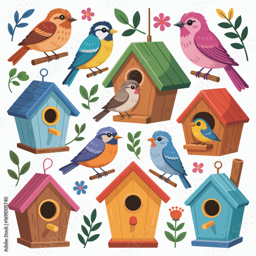 Colorful cartoon birds perched on and around whimsical birdhouses Keywords: birds, birdhouse