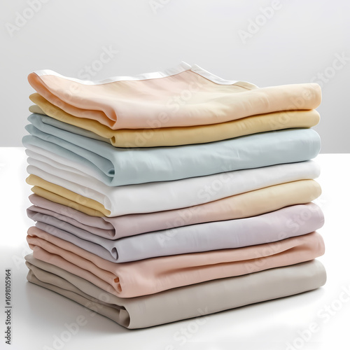 Pastel Folded Linen Stack on White Table  