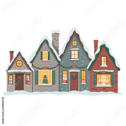Cozy snow-covered houses decorated for Christmas with glowing windows and wreaths Keywords
