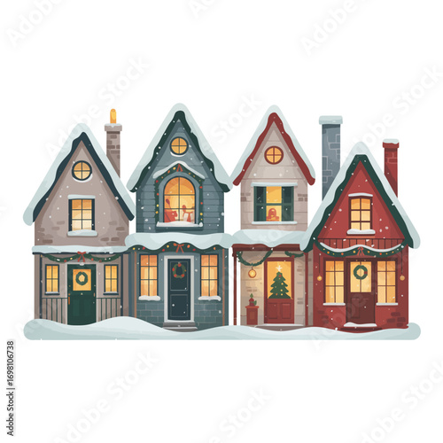Cozy snow-covered houses decorated for Christmas with warm lights Keywords: christmas, winter