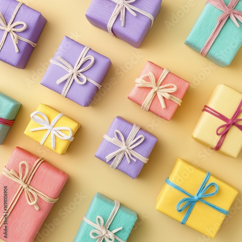 Creative composition of multiple small gifts in pastel wrapping with bows, flat lay on yellow background.