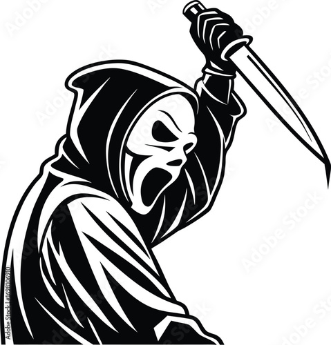 Halloween ghostface killer in black robe holding a knife vector illustration.