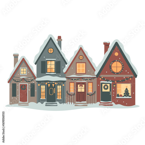 Cozy winter village scene with snow-covered houses and Christmas lights Keywords: winter