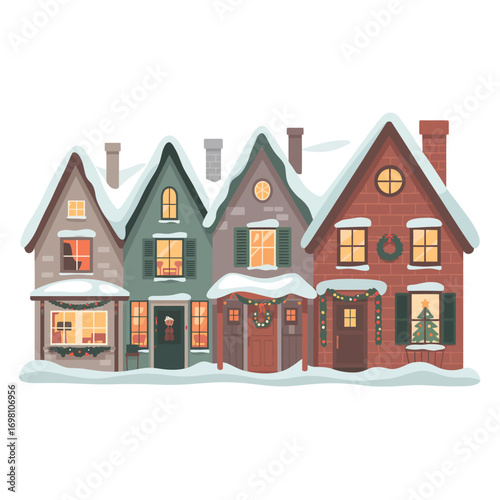 Cozy winter village houses decorated for Christmas with snow and lights Keywords: winter