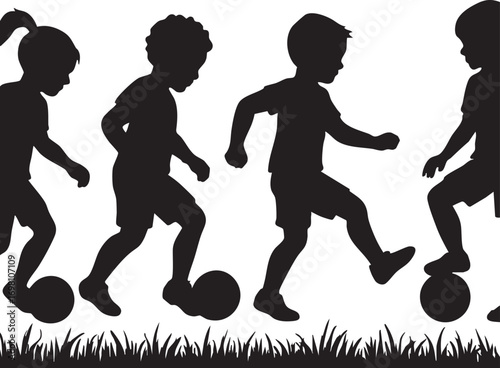 Children Playing Soccer Silhouette Vector in Black with Grass for Outdoor Recreation, Youth Sports, and Physical Activity Themes