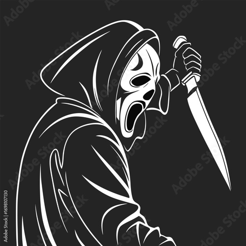 Halloween ghostface killer in black robe holding a knife vector illustration.