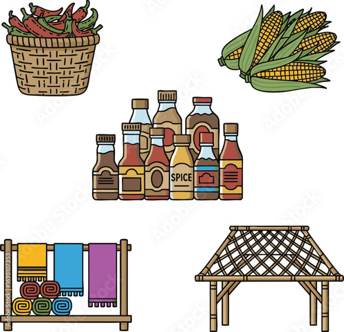 Assorted food items and market stall elements displayed with vibrant colors and simple outlines, evoking a friendly and inviting atmosphere.