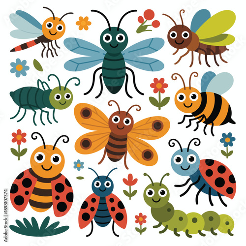 Cute cartoon insects and flowers on a white background Keywords: insect, bug, ladybug, butterfly