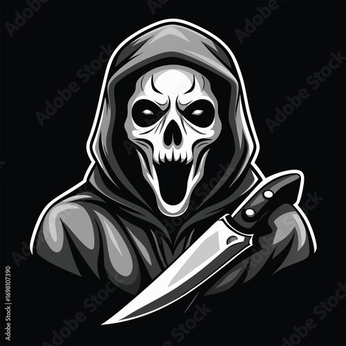 Halloween ghostface killer in black robe holding a knife vector illustration.