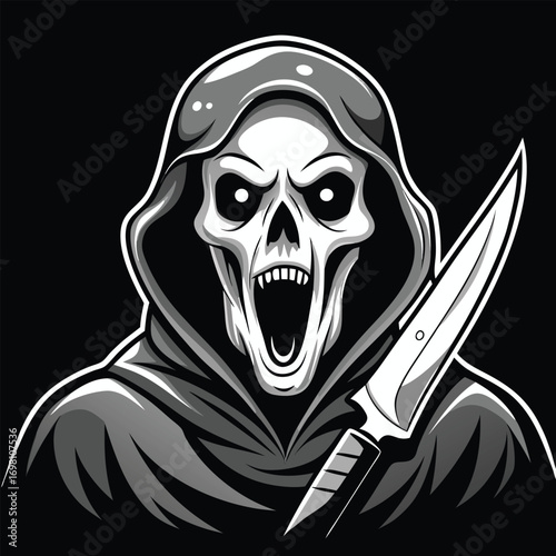 Halloween ghostface killer in black robe holding a knife vector illustration.