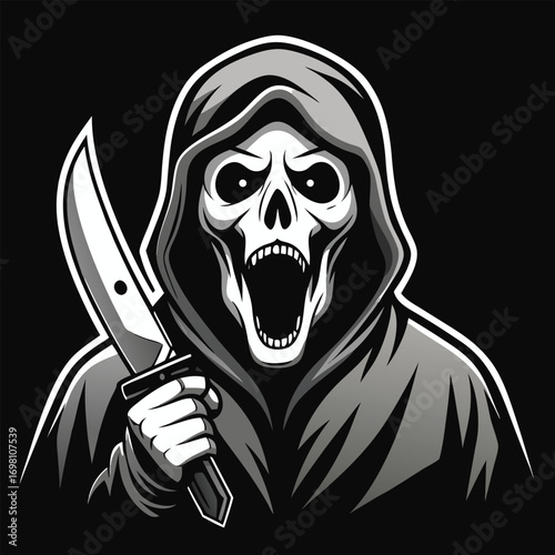 Halloween ghostface killer in black robe holding a knife vector illustration.