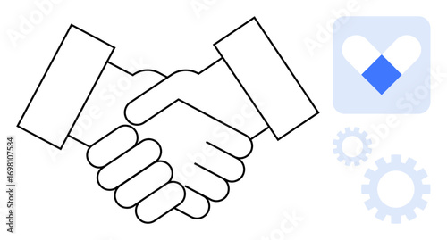 Handshake representing partnership and trust next to a heart-themed logo for care and gears symbolizing teamwork. Ideal for business, health, collaboration, cooperation, support, technology, synergy