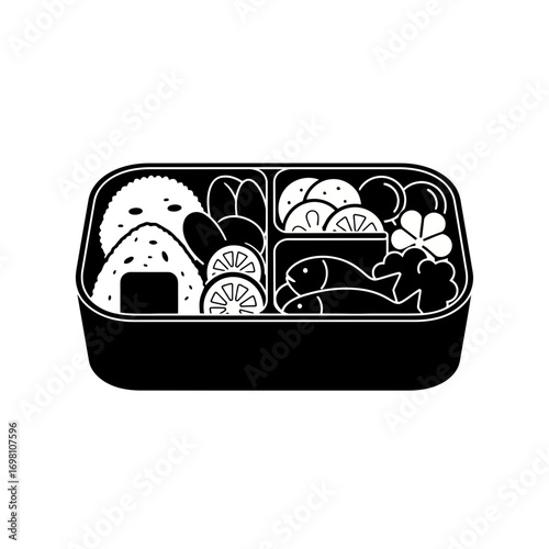 Stylized black and white bento box meal illustration