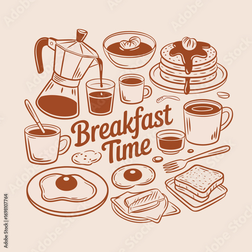 Delicious breakfast spread with coffee and pastries in a vintage style Keywords: breakfast