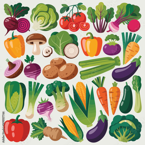 Diverse assortment of fresh vegetables and root vegetables in a flat lay Keywords: vegetables