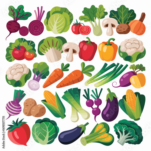 Diverse Collection of Fresh Vegetables and Root Vegetables on White Background Keywords