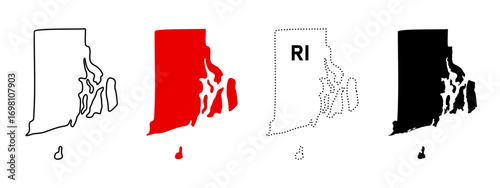 Rhode Island map icon set. Outline, red fill, RI dotted sign and black silhouette symbol.