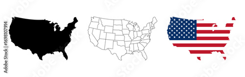 USA map illustration. United States silhouette. State borders map and flag-filled map shape vector icon. Geographic political sign.