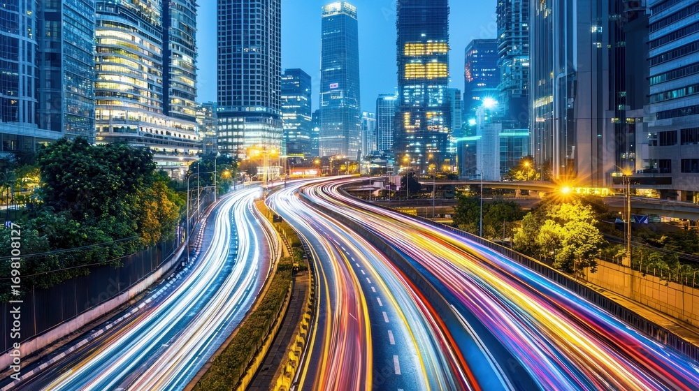 Fototapeta premium Night cityscape with light trails on highway.